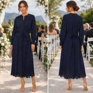 Elie Tahari Navy Blue Eyelet Embroidered Midi Shirt Dress Tie Waist NWT